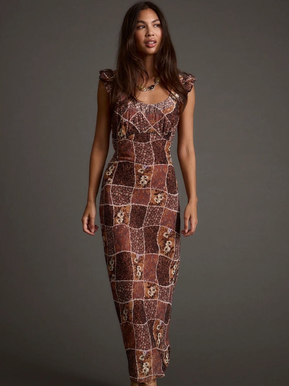 12th Tribe Brown Patchwork Ruffle-Shoulder Maxi Dress